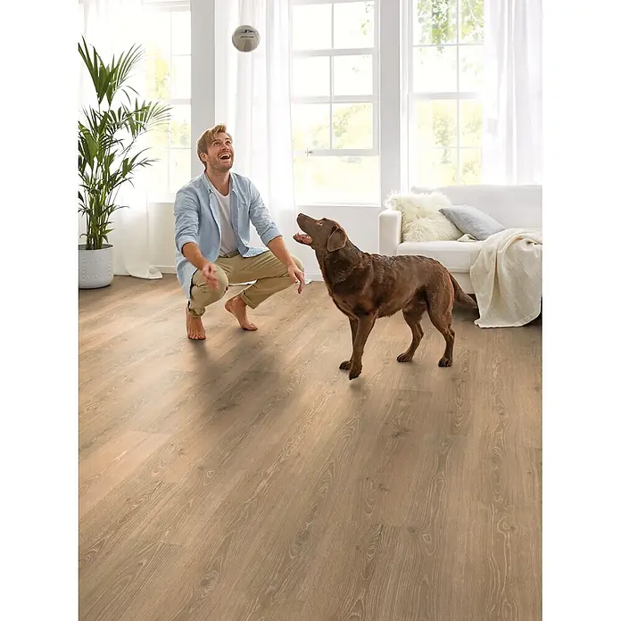 Decolife Designboden Freestyle - Oak Rustic Chalk, Landhausdiele, 1.220 x 185 x 8 mm - Heller Holzboden in einem hellen Wohnzimmer, ideal für alltägliche Aktivitäten wie das Spielen mit einem Hund.