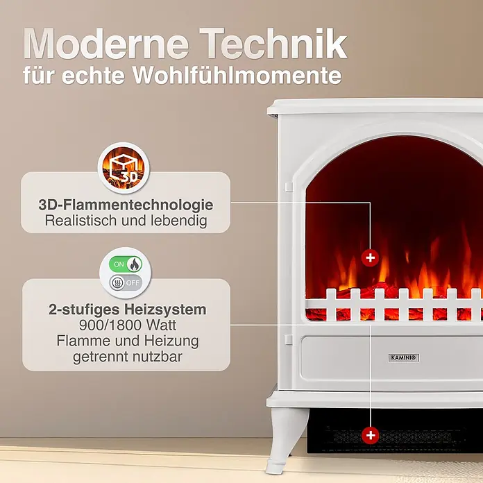 Elektrischer Kamin KAMINIO Leni - 23 x 37,5 x 51 cm, Weiß - Weißer Elektrokamin mit realistischer 3D-Flamme und 2-stufigem 900/1800W Heizsystem, Flamme und Heizung getrennt nutzbar.