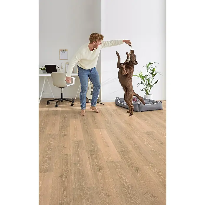 Decolife Designboden Freestyle - Oak Rustic Chalk, Landhausdiele, 1.220 x 185 x 8 mm - Helle Holzoptik-Bodenbeläge in einem modernen Zuhause, wo ein Mann mit seinem Hund spielt.