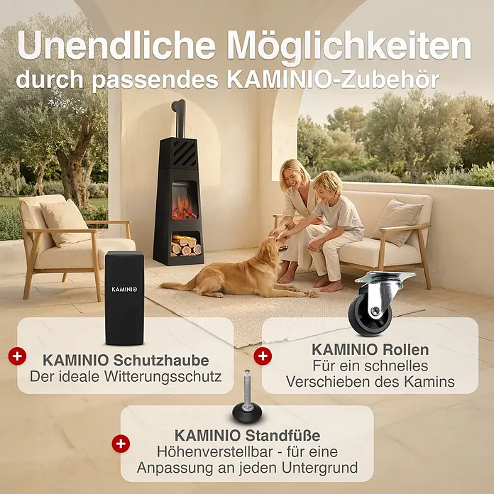 Elektrischer Kamin KAMINIO Kai Xl mit Ofenrohr - 35 x 35 x 150 cm, Schwarz - KAMINIO Kamin mit drei Zubehörteilen: schwarze Schutzhaube, Lenkrolle und verstellbarer Fuß für Wetterschutz, Mobilität und Nivellierung.