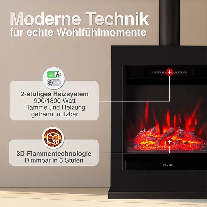 Elektrischer Kamin KAMINIO Kalle mit Ofenrohr - 18 x 51 x 105 cm, Schwarz - Schwarzer Elektrokamin mit 2-stufigem Heizsystem (900/1800W) und 3D-Flammentechnologie, separat steuerbar und in 5 Stufen dimmbar.