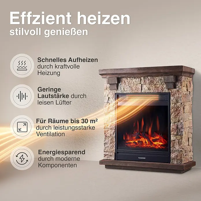 Elektrischer Kamin KAMINIO Juan - 23,5 x 60 x 66 cm, Beige (Steinoptik) - Elektrischer Kamin mit Stein- und Holzmantel, zeigt realistische Flammen. Bietet effizientes, leises Heizen für Räume bis 30 m².