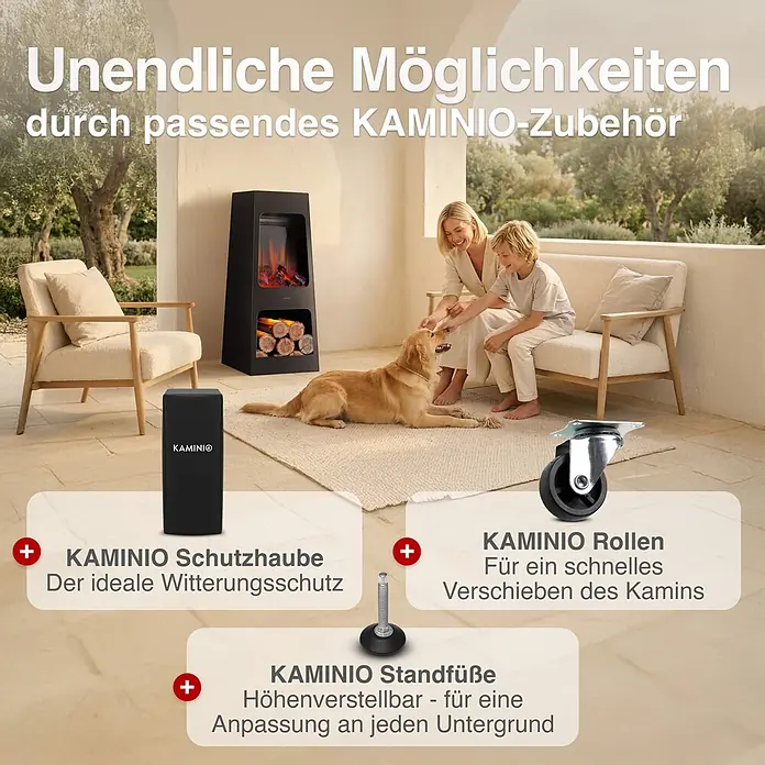 Elektrischer Kamin KAMINIO Kai L - 35 x 35 x 83 cm, Schwarz - KAMINIO Kamin mit drei Zubehörteilen: einer schwarzen Schutzhaube, Rollen zum leichten Verschieben und höhenverstellbaren Standfüßen.