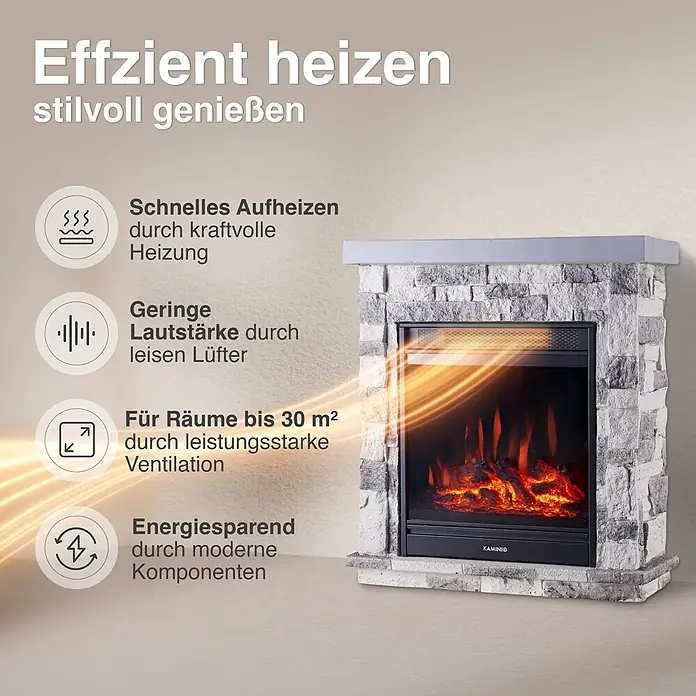 Elektrischer Kamin KAMINIO Juan - 23,5 x 60 x 66 cm, Grau (Steinoptik) - Dekorativer Elektrokamin mit Steinverkleidung und realistischen Flammen. Bietet schnelles, leises, energiesparendes Heizen für Räume bis 30m².