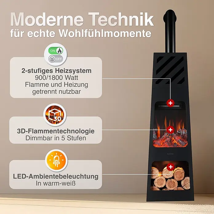 Elektrischer Kamin KAMINIO Kai Xl mit Ofenrohr - 35 x 35 x 150 cm, Schwarz - Schwarzer Elektrokamin mit 2-stufiger Heizung, 3D-Flammentechnologie und warmweißer LED-Beleuchtung.