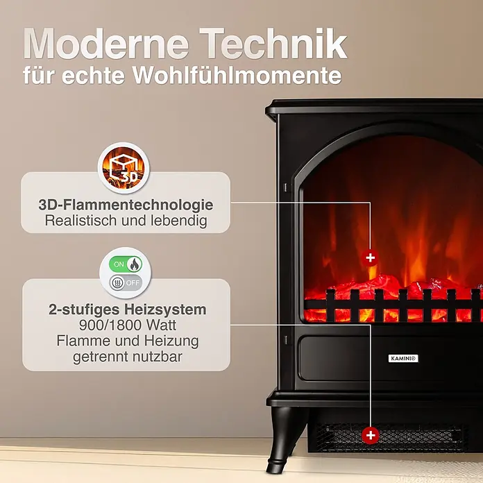 Elektrischer Kamin KAMINIO Leni - 23 x 37,5 x 51 cm, Schwarz - Schwarzer Elektrokamin mit realistischem 3D-Flammeneffekt und zweistufiger Heizung (900/1800W), separat nutzbar.