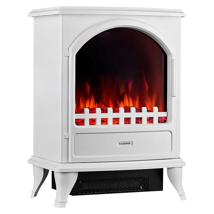 Elektrischer Kamin KAMINIO Leni - 23 x 37,5 x 51 cm, Weiß - Weißer Elektrokamin mit gewölbter Frontöffnung, die realistische Flammen und glühende Holzscheite zeigt.