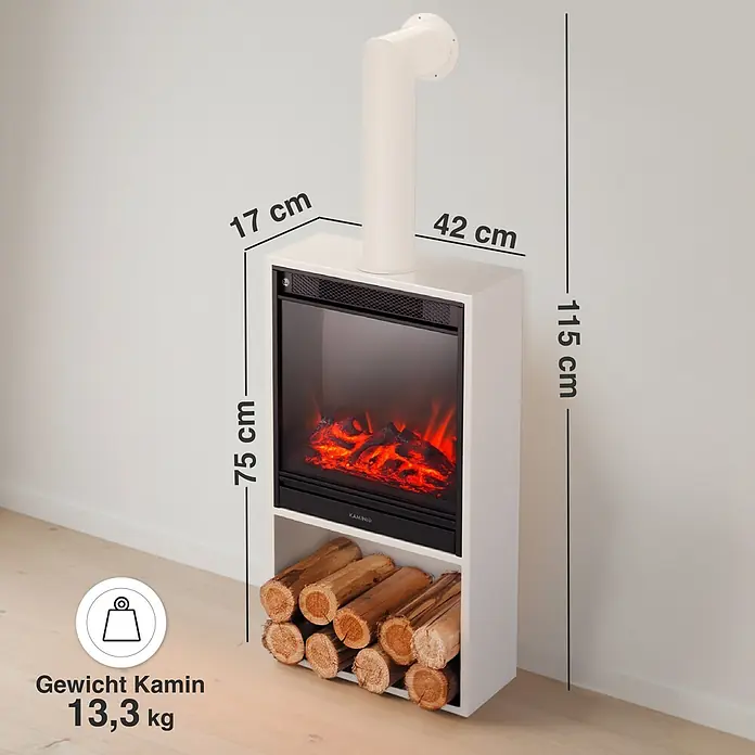 Elektrischer Kamin KAMINIO Hugo mit Ofenrohr - 17 x 42 x 115 cm, Weiß - Weißer Elektrokamin mit Schornsteinattrappe und Holzscheitablage. Mit realistischem Flammeneffekt.