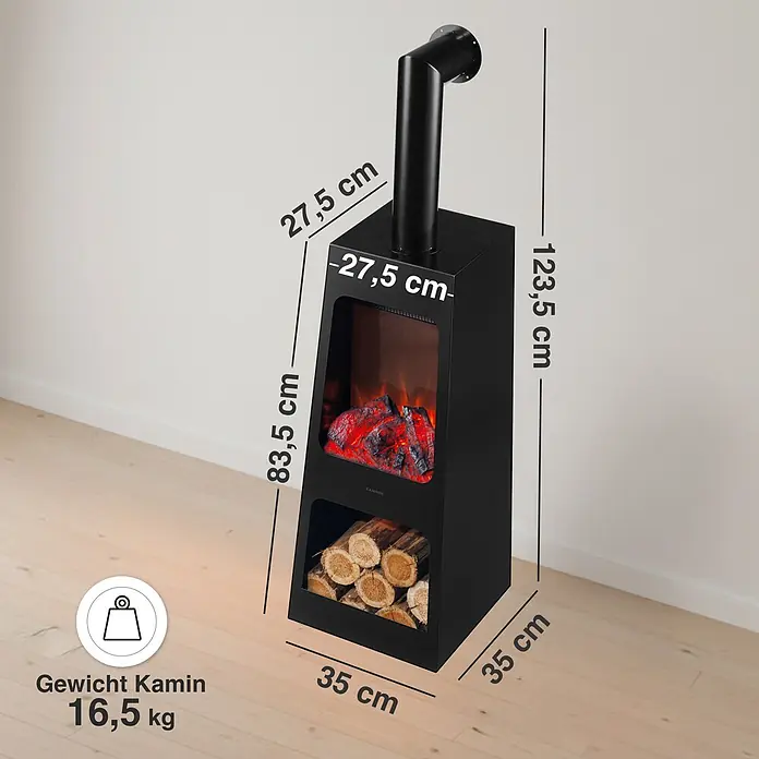 Elektrischer Kamin KAMINIO Kai L mit Ofenrohr - 35 x 35 x 123,5 cm, Schwarz - Schwarzer Elektrokamin mit Schornsteinattrappe, Holzfach und Maßen: 35x35x123,5 cm (BxTxH), Gewicht 16,5 kg.