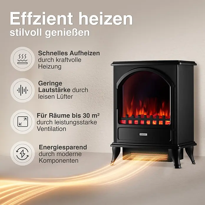 Elektrischer Kamin KAMINIO Leni - 23 x 37,5 x 51 cm, Schwarz - Schwarzer Elektrokamin im klassischen Design, bietet effiziente Heizung für bis zu 30 m² mit leisem, energiesparendem Betrieb.