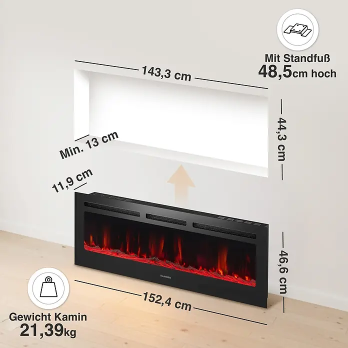 Elektrischer Kamin KAMINIO Marlon 60 - 11,9 x 152,4 x 46,6 cm, Schwarz - Schwarzer Elektrokamin mit realistischer Flammenoptik, Maßen für Wandeinbau und Gewicht.
