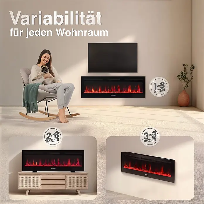 Elektrischer Kamin KAMINIO Marlon 60 - 11,9 x 152,4 x 46,6 cm, Schwarz - Vielseitiger schwarzer Elektrokamin mit realistischen Flammen, als Einbau-, Stand- und Wandgerät in einer Wohnumgebung dargestellt.