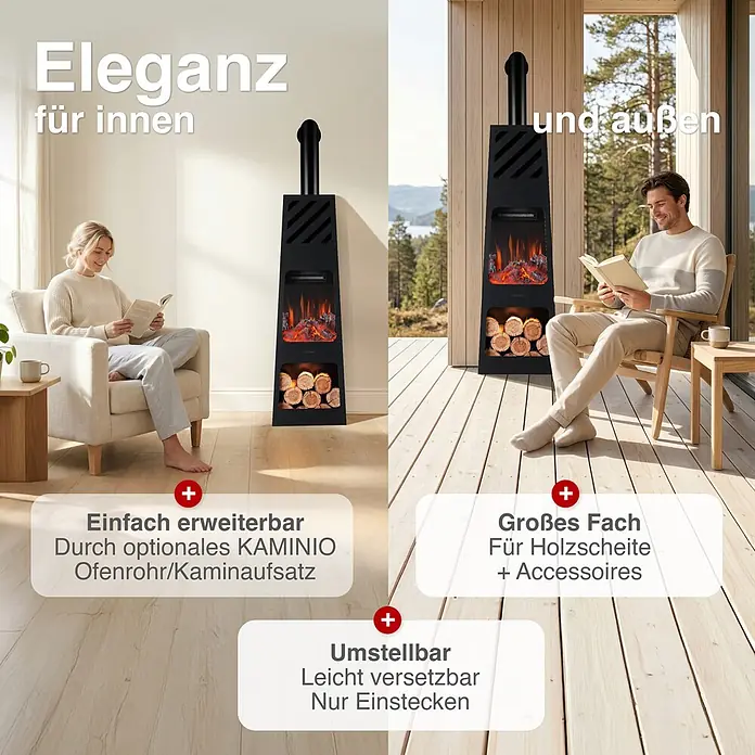 Elektrischer Kamin KAMINIO Kai Xl mit Ofenrohr - 35 x 35 x 150 cm, Schwarz - Schwarzer Elektrokamin elegant drinnen und draußen genutzt, mit Flammen-Effekt und Holzfach.