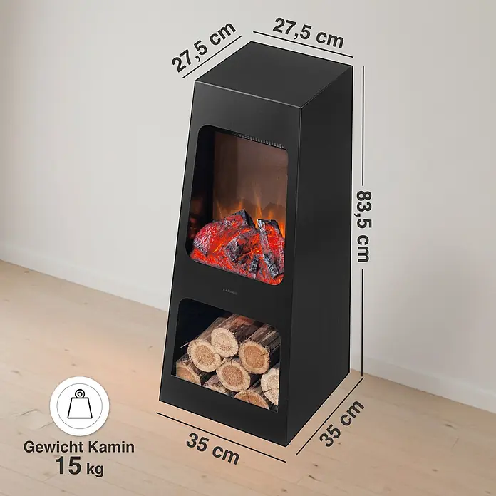 Elektrischer Kamin KAMINIO Kai L - 35 x 35 x 83 cm, Schwarz - Schwarzer Elektrokamin mit Flammenillusion, Holzscheitablage. H 83.5 cm, oben 27.5x27.5, unten 35x35 cm, 15 kg.