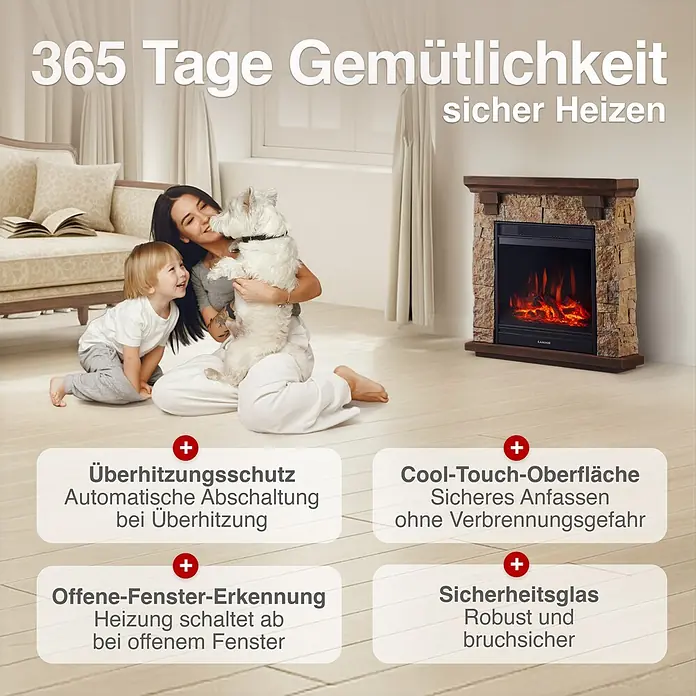 Elektrischer Kamin KAMINIO Juan - 23,5 x 60 x 66 cm, Beige (Steinoptik) - Elektrischer Kamin mit Steinoptik und Holzmantel, der Sicherheit durch Überhitzungsschutz, Cool-Touch-Oberfläche und Sicherheitsglas bietet.