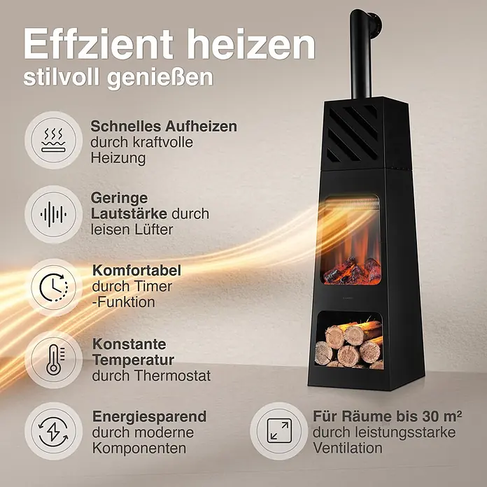 Elektrischer Kamin KAMINIO Kai Xl mit Ofenrohr - 35 x 35 x 150 cm, Schwarz - Ein hoher, moderner, schwarzer Elektrokamin mit simuliertem Flammenbild und einem unteren Fach für dekorative Holzscheite. Er dient als Heizung.