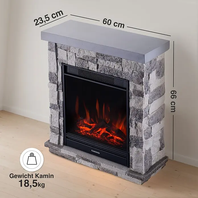 Elektrischer Kamin KAMINIO Juan - 23,5 x 60 x 66 cm, Grau (Steinoptik) - Elektrischer Kamin in Steinoptik, 60x23,5x66 cm, 18,5 kg, mit realistischem Flammeneffekt.