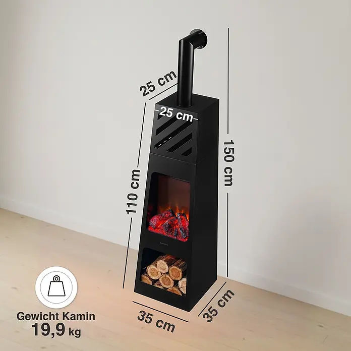 Elektrischer Kamin KAMINIO Kai Xl mit Ofenrohr - 35 x 35 x 150 cm, Schwarz - Schwarzer Elektrokamin mit realistischer Flammenoptik und Holzscheitablage. Maße: 150 H x 35 B x 35 T cm. Gewicht: 19,9 kg.