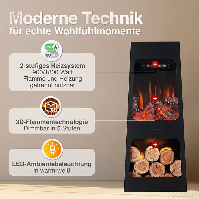 Elektrischer Kamin KAMINIO Kai L - 35 x 35 x 83 cm, Schwarz - Schwarzer Elektrokamin mit 2-Stufen-Heizung, 3D-Flammentechnologie und warm-weißer LED-Beleuchtung.