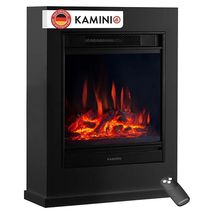 Elektrischer Kamin KAMINIO Kalle - 18 x 51 x 65 cm, Schwarz - Schwarzer Elektrokamin mit realistischem Flammeneffekt, Fernbedienung und 'Das Original aus Deutschland'-Abzeichen.