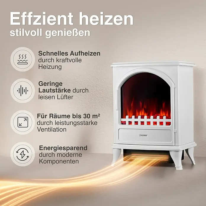 Elektrischer Kamin KAMINIO Leni - 23 x 37,5 x 51 cm, Weiß - Weißer elektrischer Kamin mit realistischer Flammenwirkung, für effizientes und stilvolles Heizen.