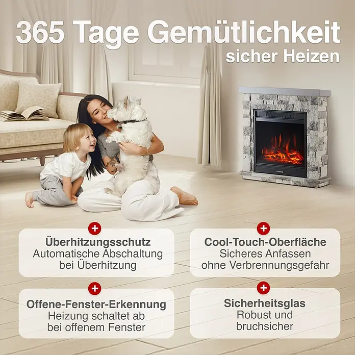 Elektrischer Kamin KAMINIO Juan - 23,5 x 60 x 66 cm, Grau (Steinoptik) - Elektrokamin mit Steinoptik und Flammen, der eine gemütliche Atmosphäre schafft, während eine Familie entspannt.