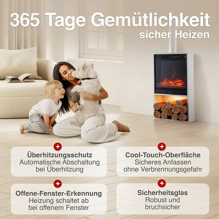 Elektrischer Kamin KAMINIO Hugo mit Ofenrohr - 17 x 42 x 115 cm, Weiß - Weißer Elektrokamin in gemütlichem Wohnzimmer, spendet Wärme und Sicherheit für eine Familie.