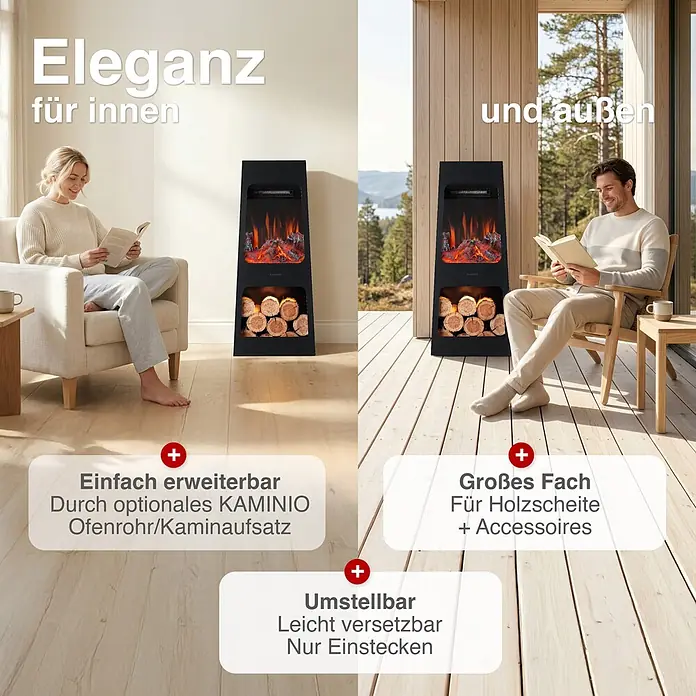 Elektrischer Kamin KAMINIO Kai L - 35 x 35 x 83 cm, Schwarz - Schwarzer Elektrokamin mit Flammenbild und Holzfach, innen und außen in Wohnbereichen genutzt.