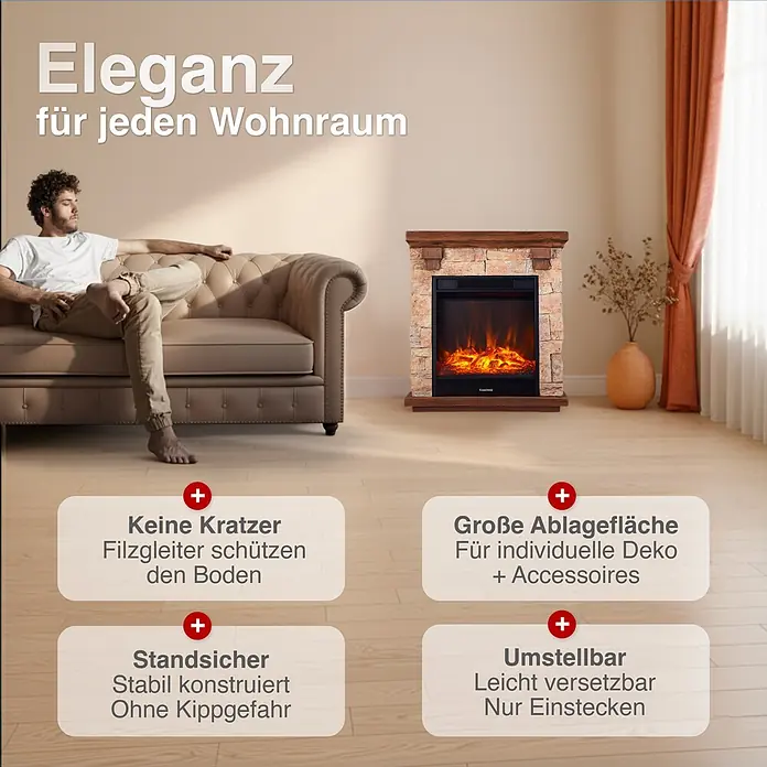 Elektrischer Kamin KAMINIO Juan - 23,5 x 60 x 66 cm, Beige (Steinoptik) - Ein eleganter Elektrokamin mit Steinoptik und Holzmantel in einem gemütlichen Wohnzimmer, daneben ein Mann auf einem Sofa.