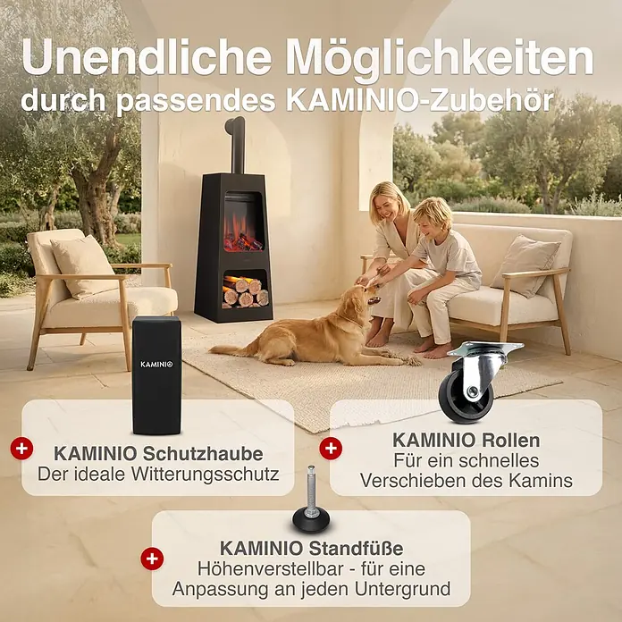 Elektrischer Kamin KAMINIO Kai L mit Ofenrohr - 35 x 35 x 123,5 cm, Schwarz - Eine Familie sitzt auf einer Terrasse neben einem schwarzen KAMINIO Kamin. Drei Zubehörteile werden präsentiert: Schutzhaube, Rollen und verstellbare Standfüße.