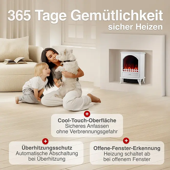 Elektrischer Kamin KAMINIO Leni - 23 x 37,5 x 51 cm, Weiß - Weißer Elektrokamin im gemütlichen Wohnzimmer, der Cool-Touch, Überhitzungsschutz und Fenstererkennung für sicheres Heizen hervorhebt.