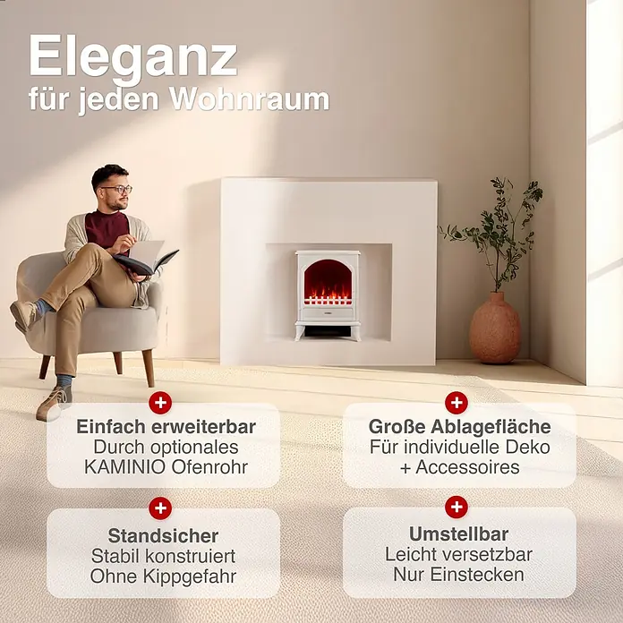 Elektrischer Kamin KAMINIO Leni - 23 x 37,5 x 51 cm, Weiß - Weißer klassischer Elektrokamin in gemütlichem Wohnzimmer, bietet Ablagefläche und warme Atmosphäre. Er ist mobil, stabil und leicht aufzustellen.