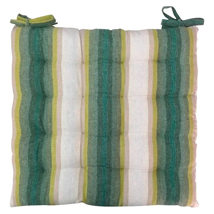 Cojín para silla Raya Ancha - 45 x 45 x 5 cm, Textil, Verde - Cojín de silla capitonado a rayas verdes, blancas y beige con lazos superiores.