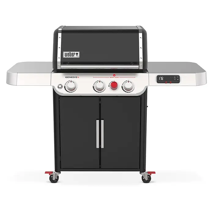 Weber Gasgrill Genesis EX-325S - Grillfläche (B x T): 68 x 48 cm, 11,4 kW, Anzahl Brenner: 3 Stk. - Ein schwarzer und silberner Weber Genesis Gasgrill mit mehreren Bedienknöpfen und integriertem Digitaldisplay.