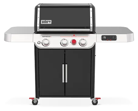 Weber Gasgrill Genesis EX-325S Ein schwarzer und silberner Weber Genesis Gasgrill mit mehreren Bedienknöpfen und integriertem Digitaldisplay.