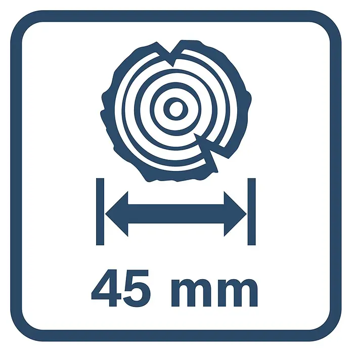 Bosch Professional Teleskop-Astschere GGP18V-45EP - Max. Aststärke: 45 mm - Dunkelblauer Holzquerschnitt mit Jahresringen, gemessen auf 45 mm.