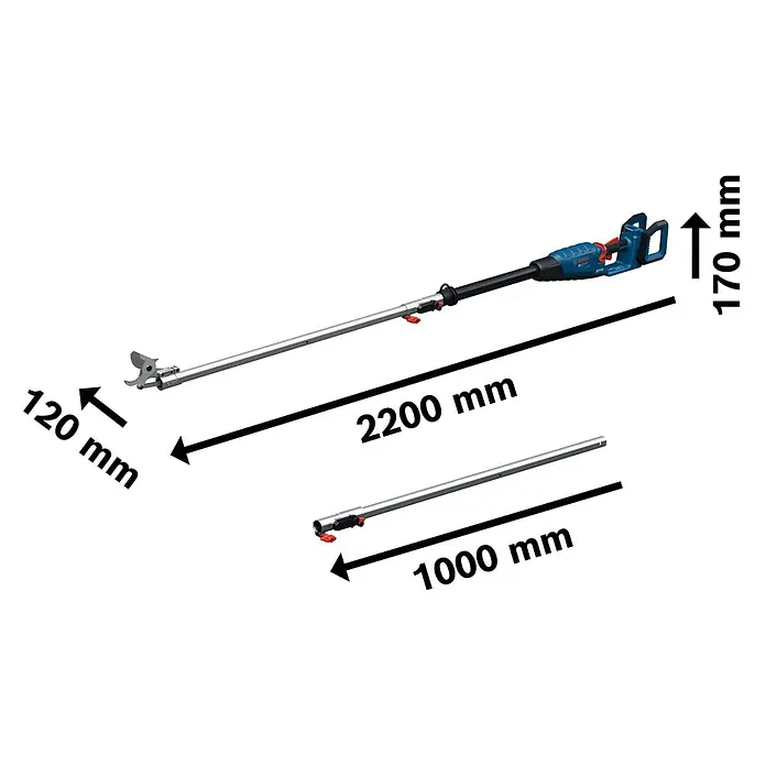 Bosch Professional Teleskop-Astschere GGP18V-45EP - Max. Aststärke: 45 mm - Blauer Bosch Hochentaster mit silbernen Verlängerungen. Montiert: 2200mm lang, 170mm hoch, 120mm Schneidkopf. Inkl. 1000mm Verlängerung.