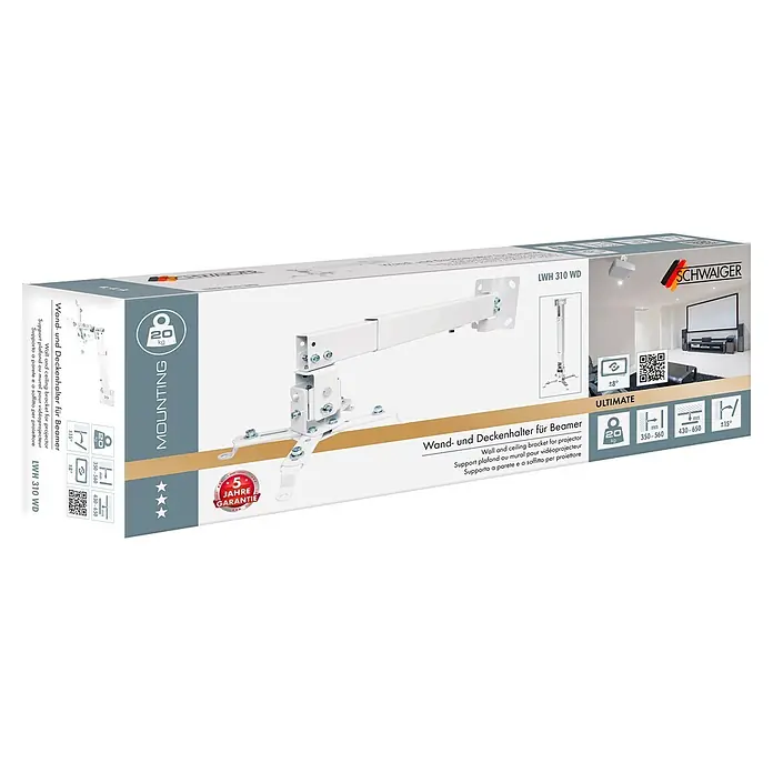 Schwaiger Träger Beamerhalterung (Stahl, weiß) - Belastbarkeit: 20 kg - Weiße, verstellbare Wand- und Deckenhalterung für Projektoren, auf der Produktverpackung.
