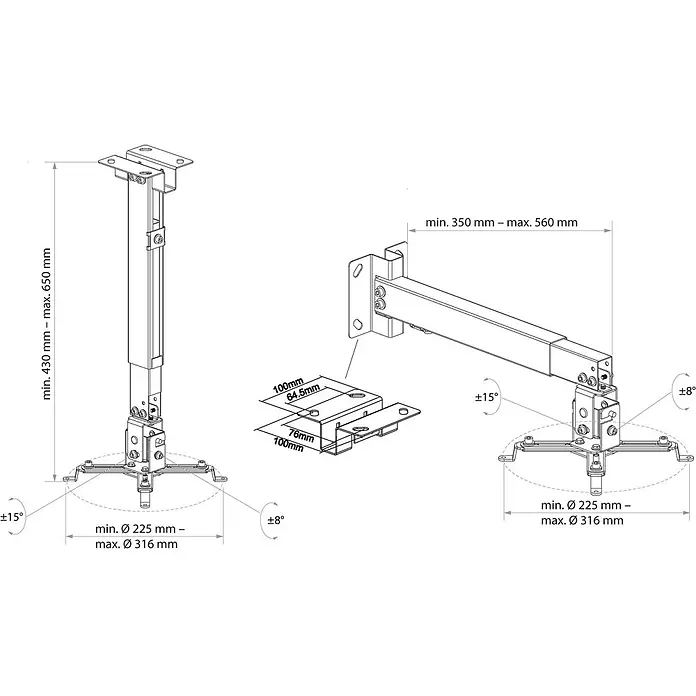 Schwaiger Träger Beamerhalterung (Stahl, weiß) - Belastbarkeit: 20 kg - Verstellbare Beamer-Decken-/Wandhalterung aus Metall mit Maßen und Neigungswinkeln.