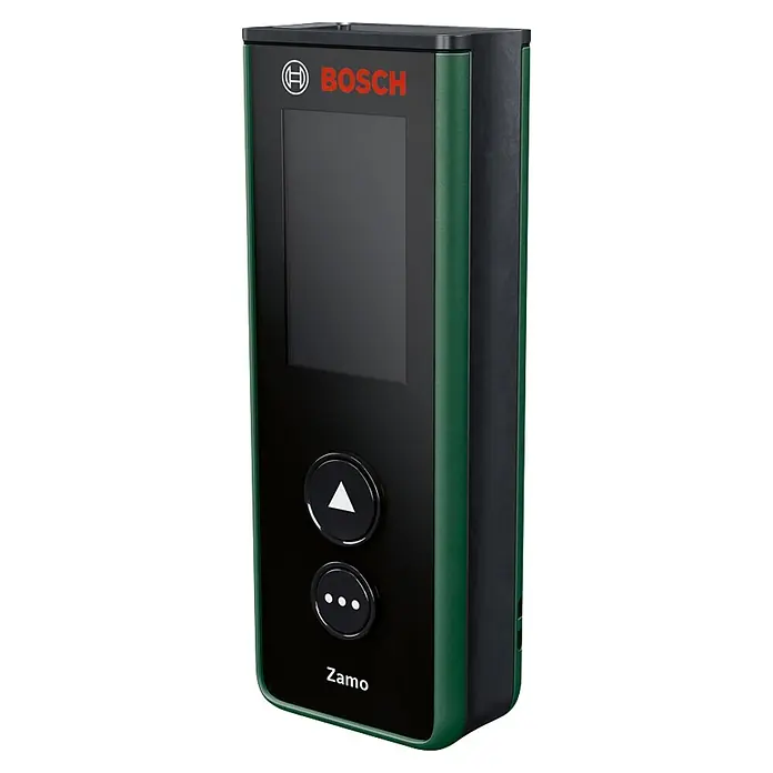 Bosch Laserentfernungsmesser Zamo - Messbereich: 0,15 - 40 m, 3 -tlg. - Schwarz-grünes Bosch Zamo Laserentfernungsmessgerät mit Digitalanzeige und zwei runden Bedientasten.