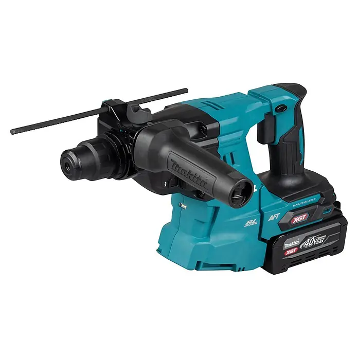 Makita XGT 40V max. Akku-Kombihammer HR011GU201 - 40 V, 2 Akkus, 4 Ah, 3,3 J - Türkis-schwarzer Makita Akku-Bohrhammer mit 40V XGT Akku und Tiefenanschlag.