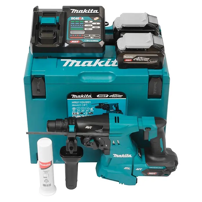 Makita XGT 40V max. Akku-Kombihammer HR011GU201 - 40 V, 2 Akkus, 4 Ah, 3,3 J - Makita XGT 40V Akku-Bohrhammer-Set in Türkis/Schwarz mit zwei Akkus, Ladegerät, Fett und passendem Tragekoffer.
