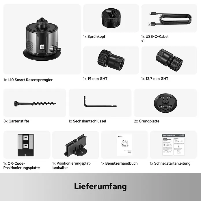 Mova Sektorenregner L10 - Max. Regnerfläche: 500 m² - Ein Smart Rasensprenger-Kit mit dunkelgrauem L10 Sprinkler, schwarzen Anschlüssen, Heringen, Werkzeugen und Handbüchern.
