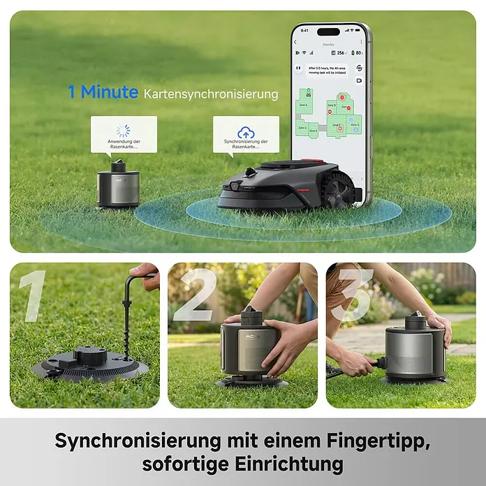 Mova Sektorenregner L10 - Max. Regnerfläche: 500 m² - Robotermäher, Basisstation und App zeigen 1-minütige Kartensynchronisierung und einfache Einrichtung in drei Schritten.