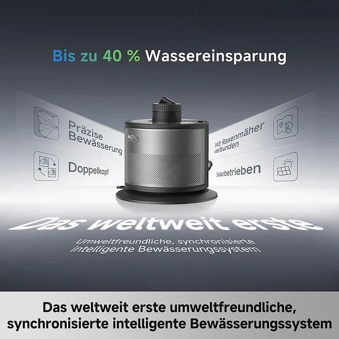 Mova Sektorenregner L10 - Max. Regnerfläche: 500 m² - Ein silbernes, zylindrisches intelligentes Bewässerungssystem mit schwarzem Aufsatz, umweltfreundlich und solarbetrieben.