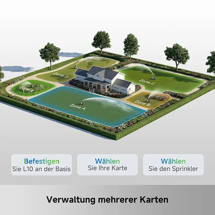 Mova Sektorenregner L10 - Max. Regnerfläche: 500 m² - Luftaufnahme eines Hauses mit Garten und Smart-Sprinkler-System, das Bewässerungszonen verwaltet. Text: "Verwaltung mehrerer Karten".