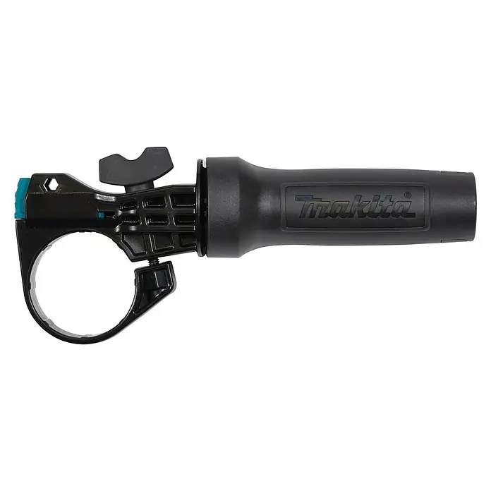 Makita XGT 40V max. Akku-Kombihammer HR011GU201 - 40 V, 2 Akkus, 4 Ah, 3,3 J - Schwarzer Makita Seitenhandgriff mit verstellbarer Klemme und hellblauen Details, für Elektrowerkzeuge konzipiert.