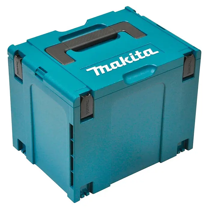 Makita XGT 40V max. Akku-Kombihammer HR011GU201 - 40 V, 2 Akkus, 4 Ah, 3,3 J - Türkiser Makita System-Werkzeugkoffer mit schwarzem Griff und schwarzen Verschlüssen, schräg dargestellt.