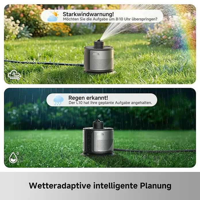 Mova Sektorenregner L10 - Max. Regnerfläche: 500 m² - Ein schwarz-silbernes smartes Bewässerungssystem im Garten, das seine wetteradaptiven Funktionen bei Wind und Regen zeigt.