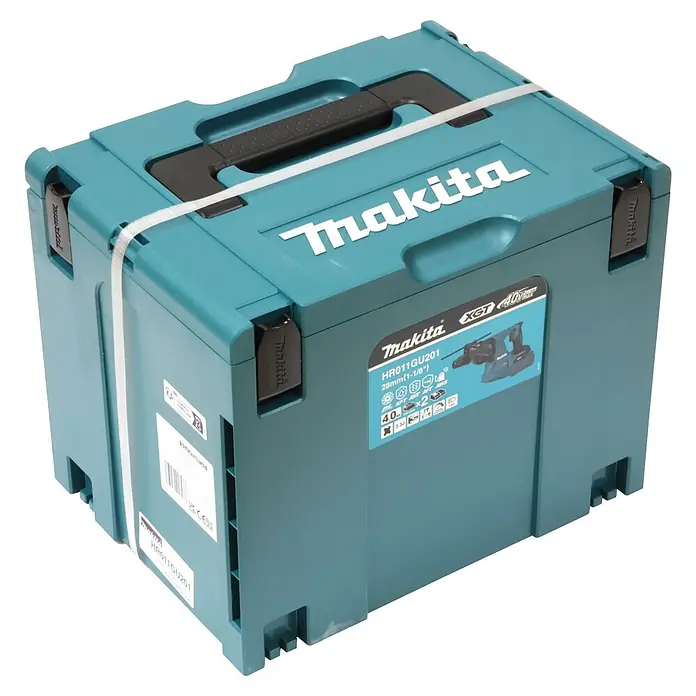 Makita XGT 40V max. Akku-Kombihammer HR011GU201 - 40 V, 2 Akkus, 4 Ah, 3,3 J - Türkisblauer Makita Werkzeugkoffer mit weißen Gurten und Produktetikett HR011GU201.